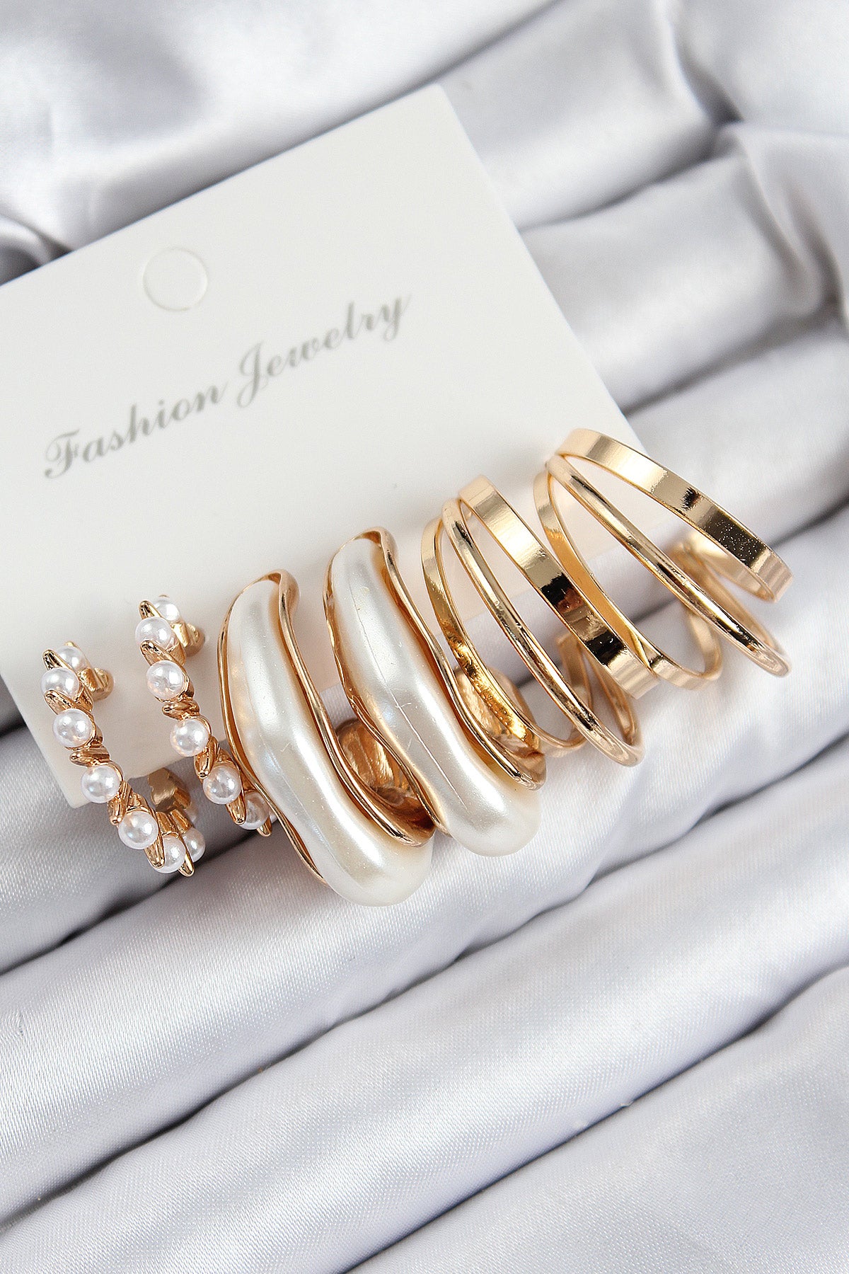 Pirinç İncili Halka Model Gold Renk Kadın Set Küpe