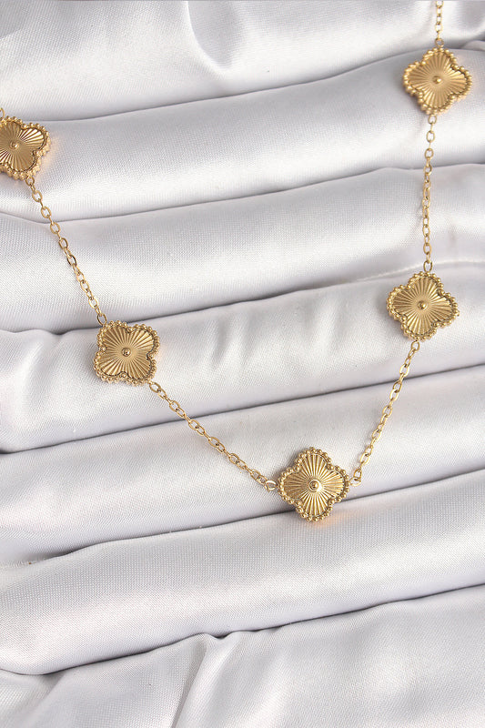316L Çelik Gold Renk Zincir İşlemeli Yonca Model Kadın Kolye