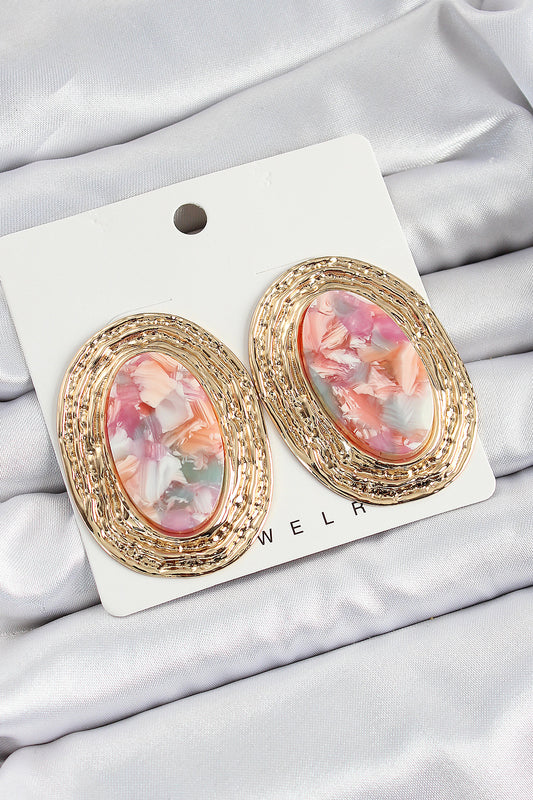 Pirinç Mermer Desenlli Pembe Sedef Oval Vintage Model Gold Renk Kadın Küpe